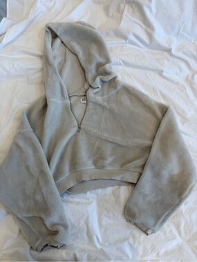 BDG Fleece Cropped Half-Zip Hoodie - Light Gray